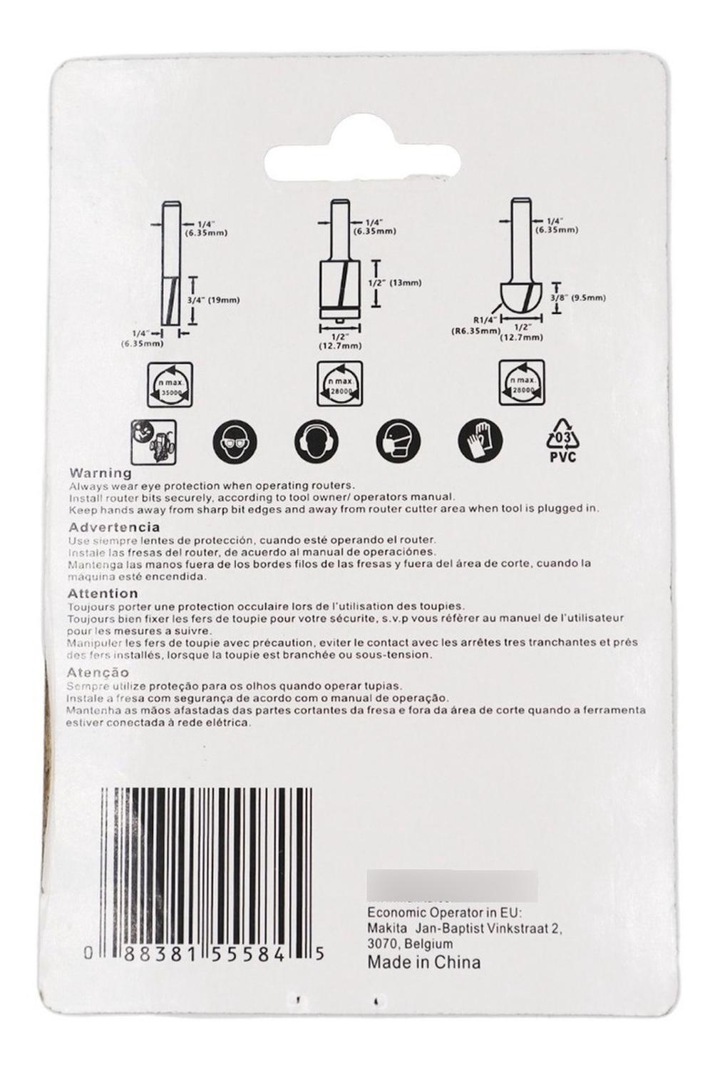 Set 3 Fresas Madera Toma 1/4 Makita D - 70465 - Herram.cl