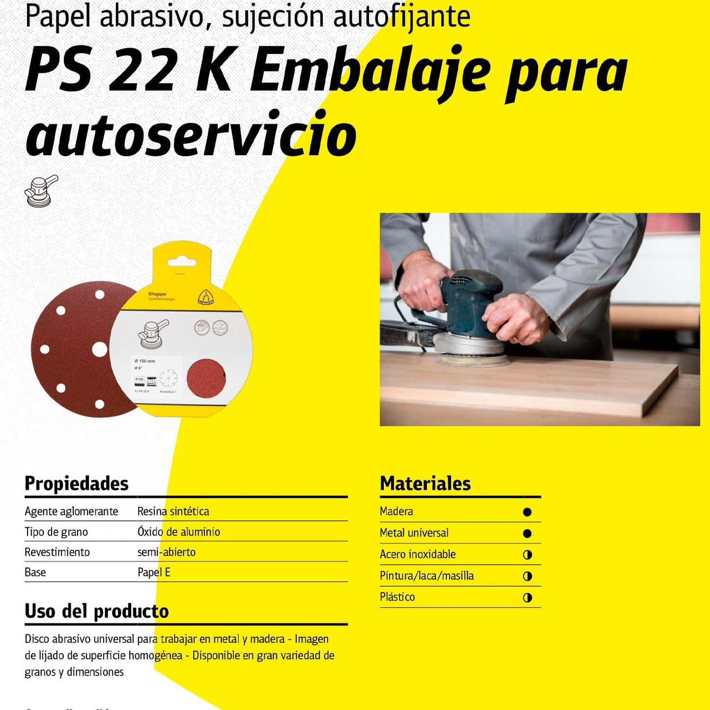 Pack 5 Discos de Lija Con Velcro PS 22 K 125mm - Klingspor - Herram.cl