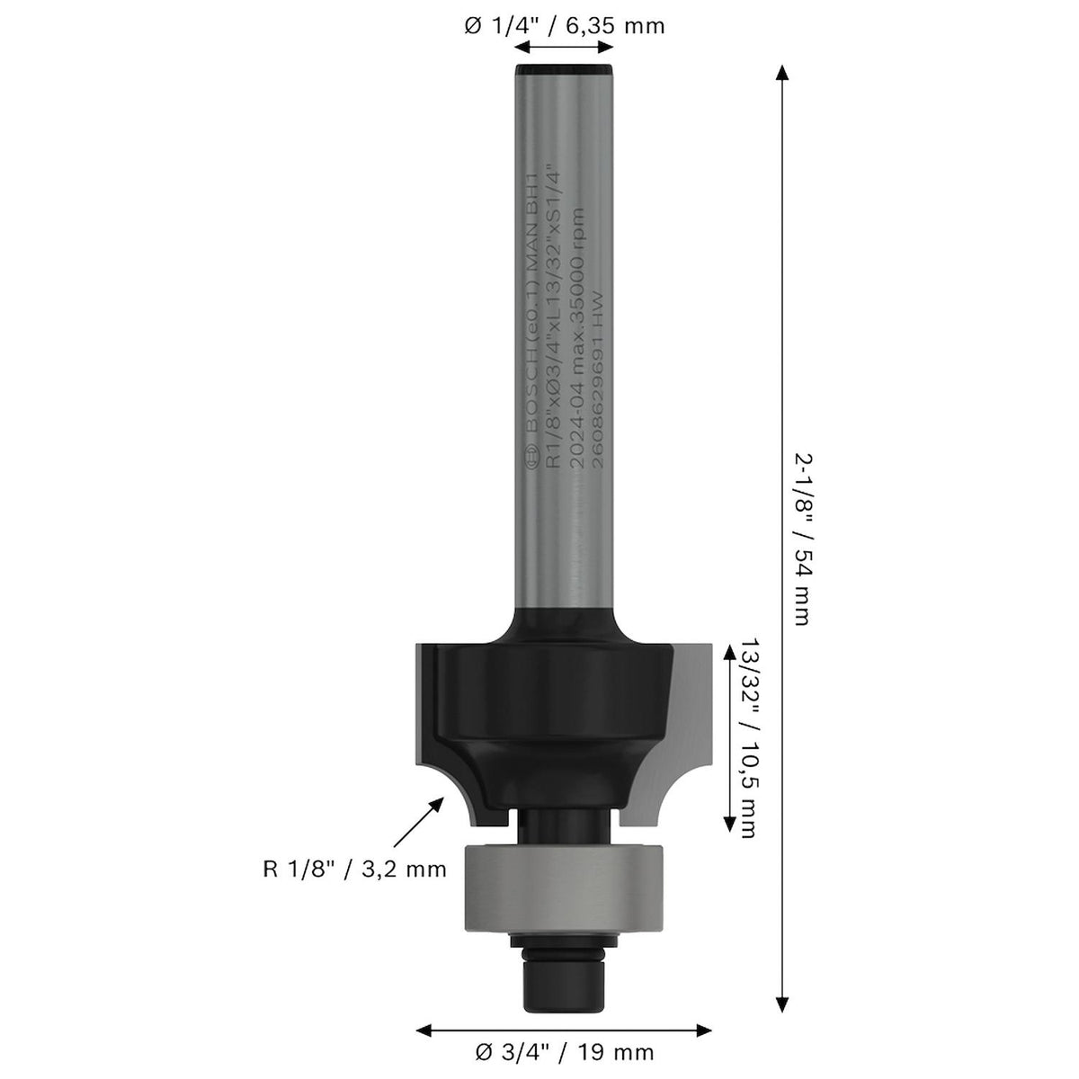 Fresa Redondear Cantos Bosch 2608629691 R3.2mm Vástago 1/4'' - Herram.cl