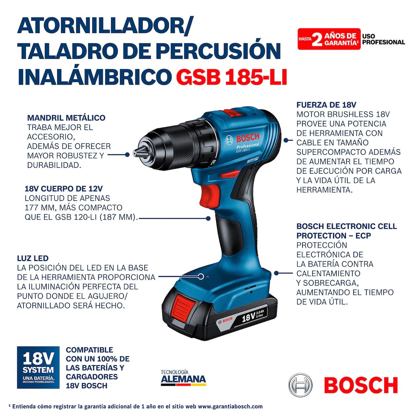 Taladro Percutor Inalámbrico GSB 185 - LI S/Baterías - Bosch - Herram.cl
