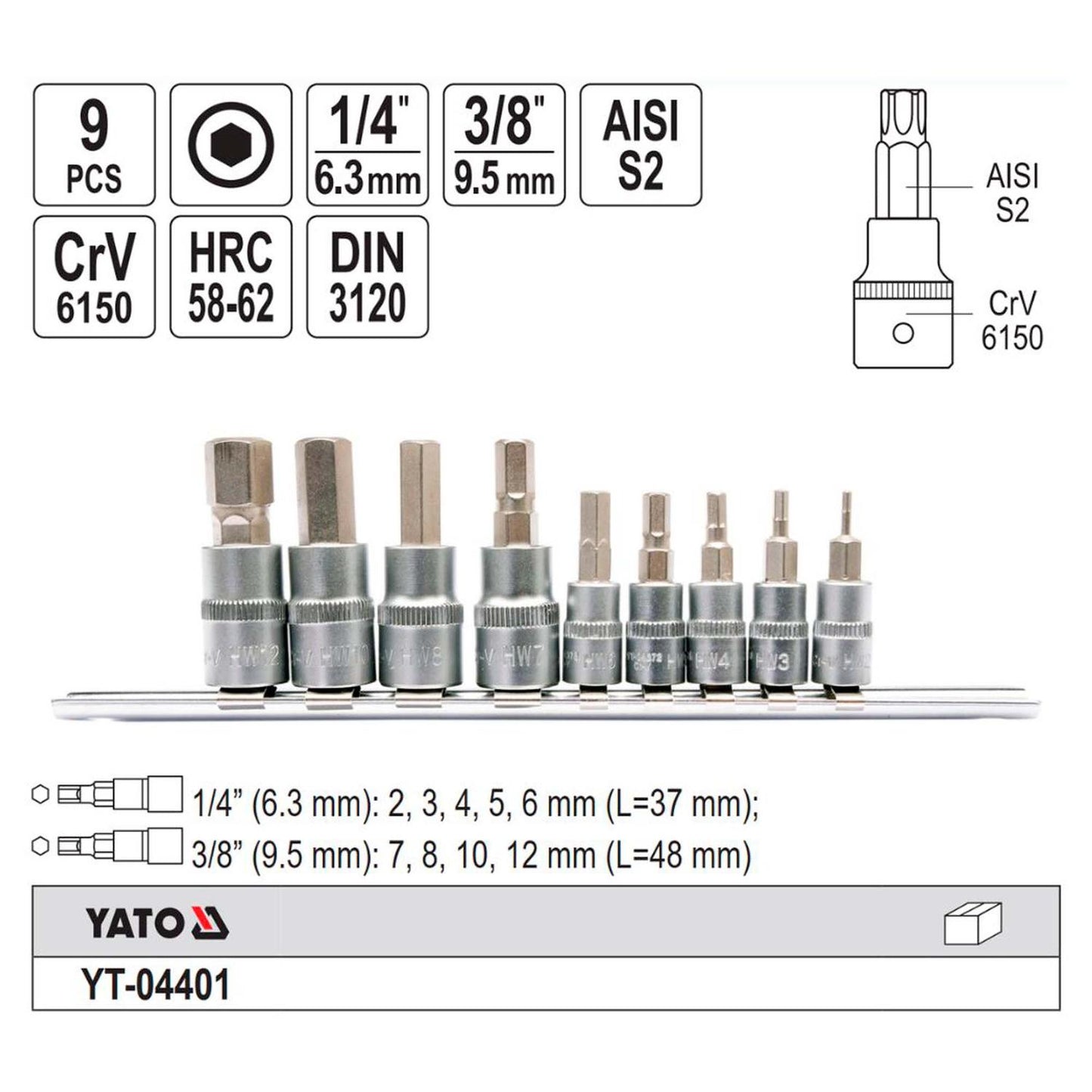 Juego de dados con punta Hexagonal 1/4'' y 3/8'' 9 Pzas - Yato - Herram.cl