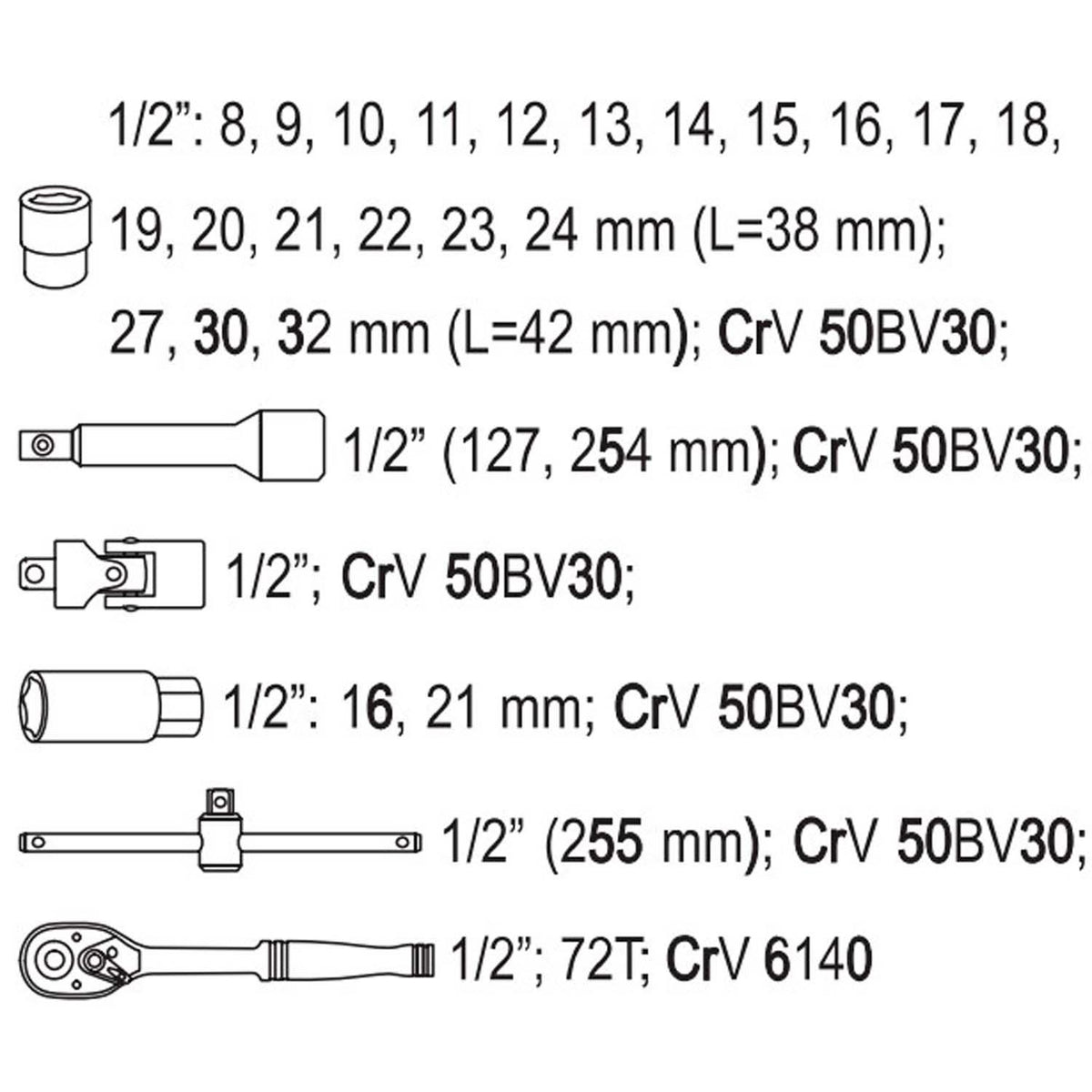 Juego de Dados Cr-V 1/2" con chicharra 27 Pzas - Yato - Herram.cl