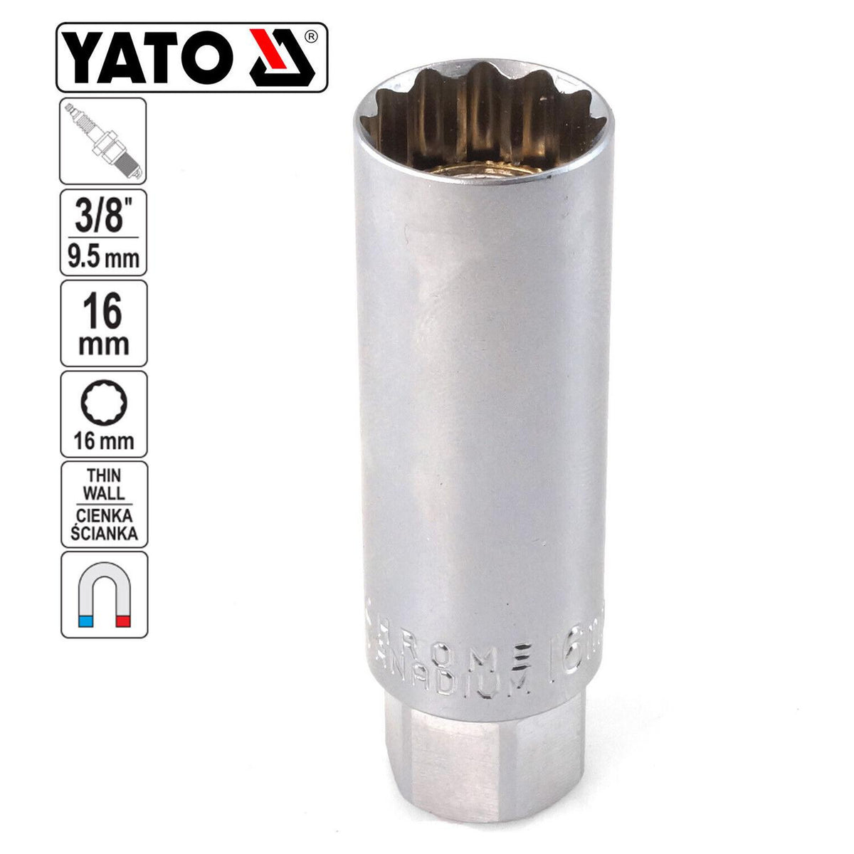 Dado para Bujía 12P Yato YT-38511 3/8'' 16mm Magnético CrV - Herram.cl