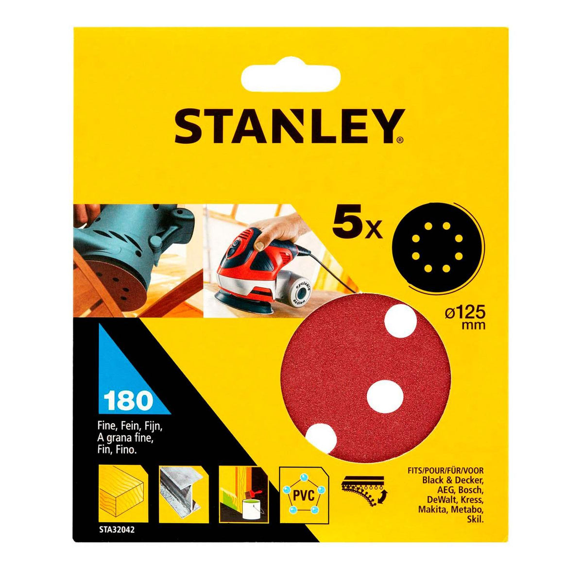 Set Discos Lija Stanley 125mm Roto-Orbital Velcro x5 - Herram.cl