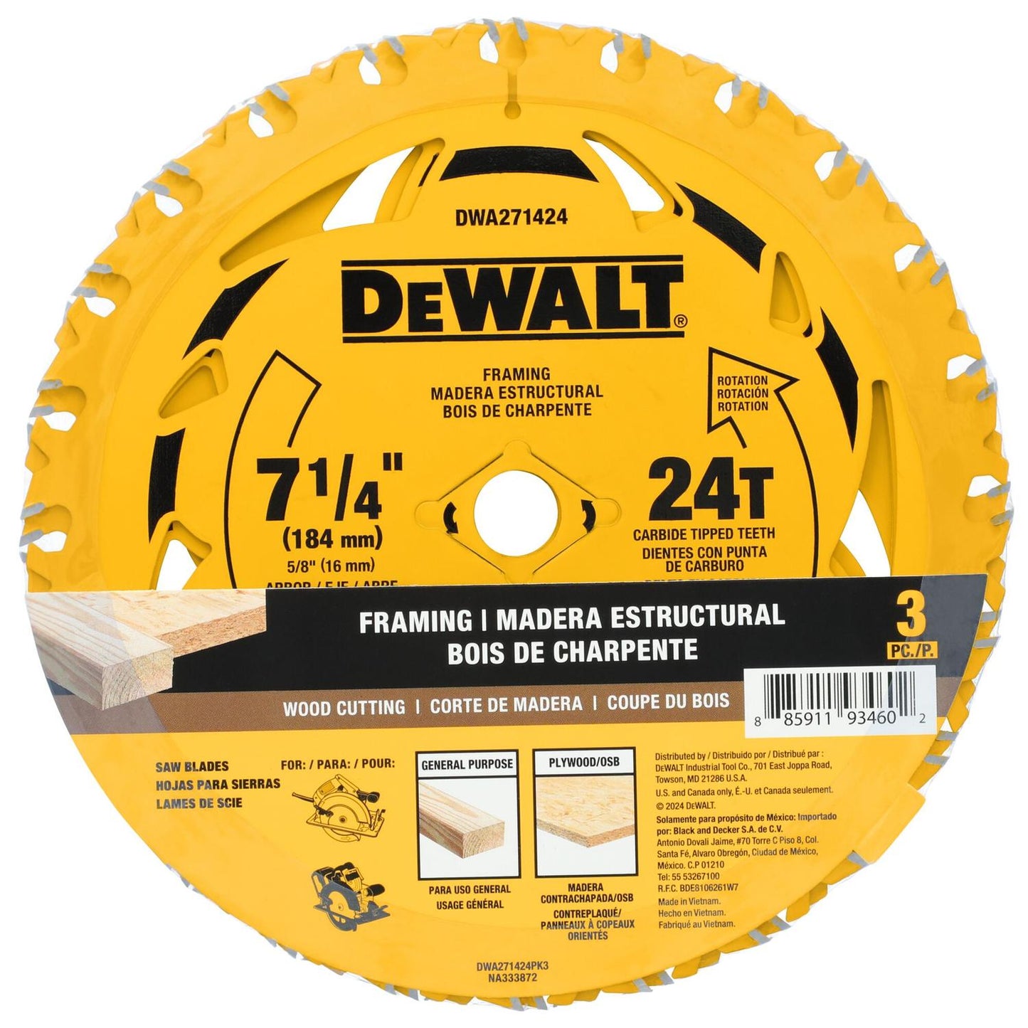 Pack 3 Discos de Sierra 7 - 1/4''x5/8'' 24 Dientes - DeWALT - Herram.cl
