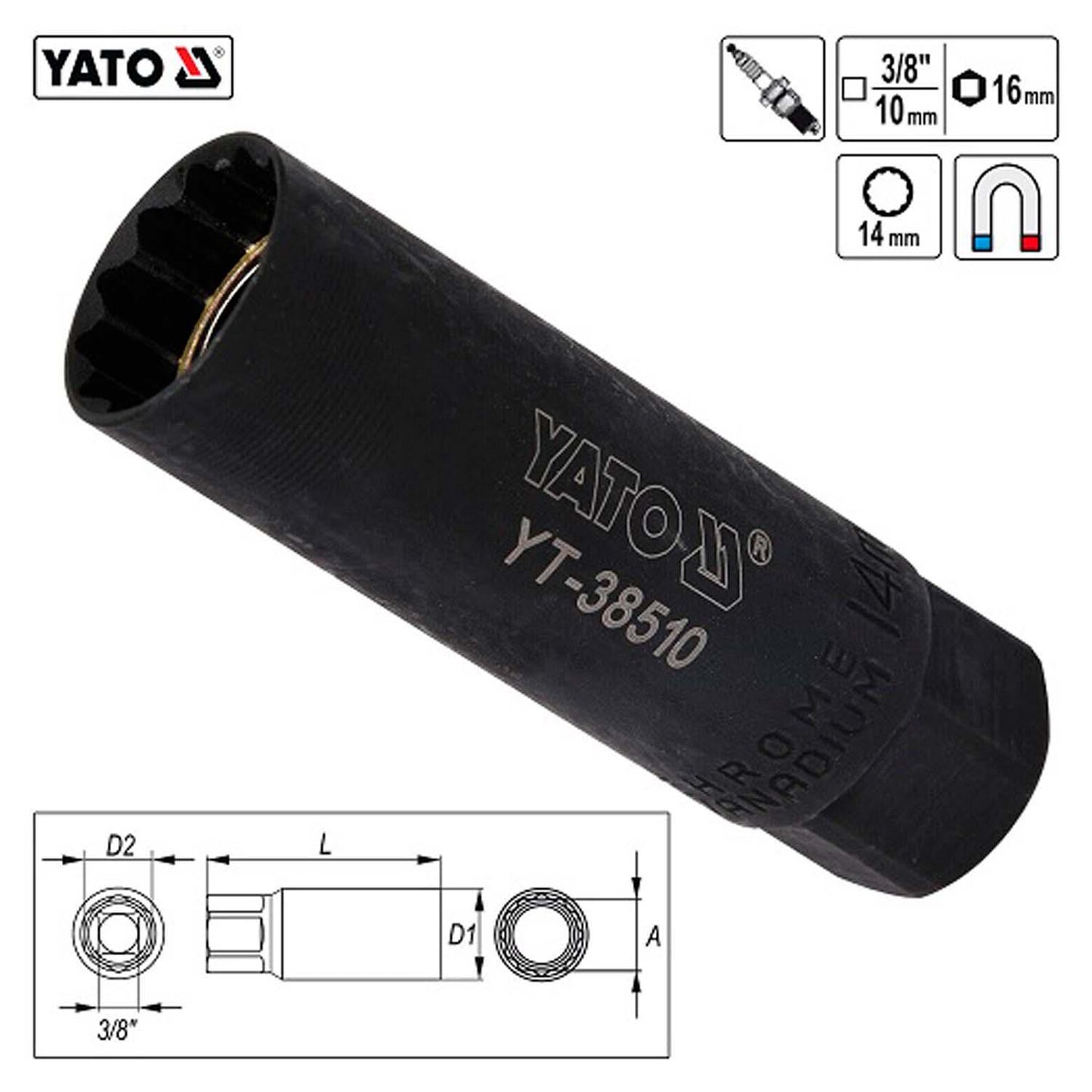 Dado para Bujías Cuadrante 3/8'', 14mm - Yato - Herram.cl