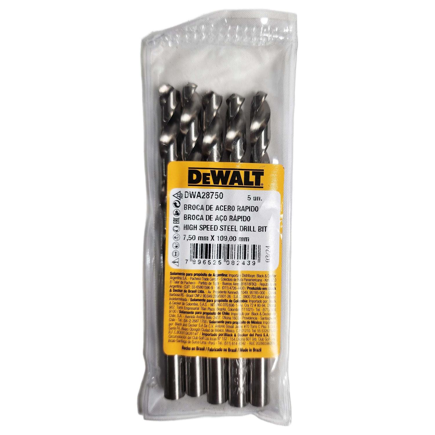 Brocas Para Metal HSS 7.5mm 5 Pzas - DeWALT - Herram.cl