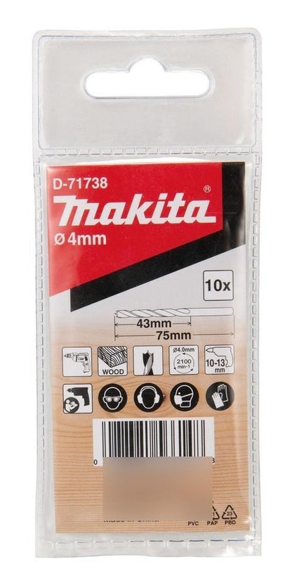 Set 10 Brocas Madera 4 x75mm Makita D - 71738 - Herram.cl
