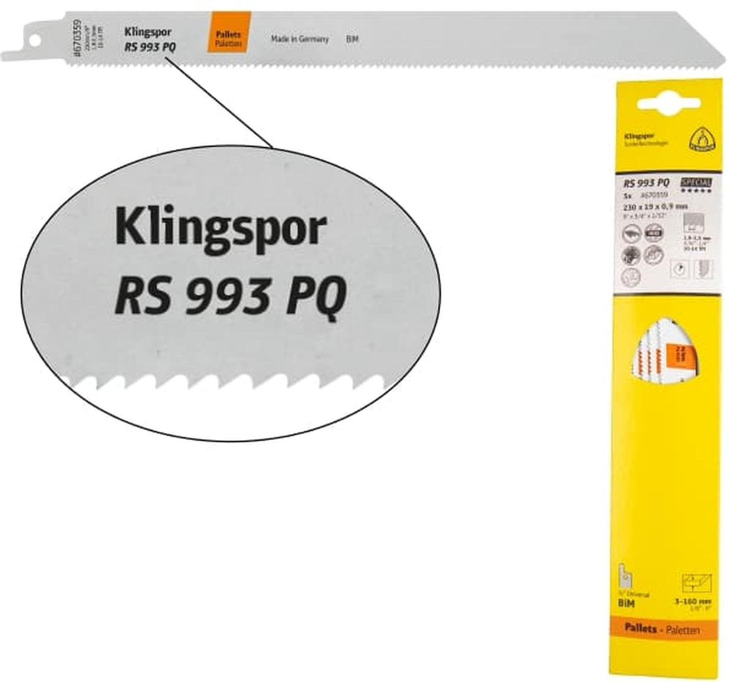 Hoja de Sierra Sable RS993 PQ Pallets 230mm 5 Pzas - Klingspor - Herram.cl