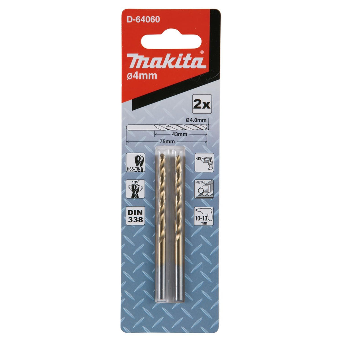 Broca Metal HSS-Tin 4x75mm 2 Pzas - Makita - Herram.cl