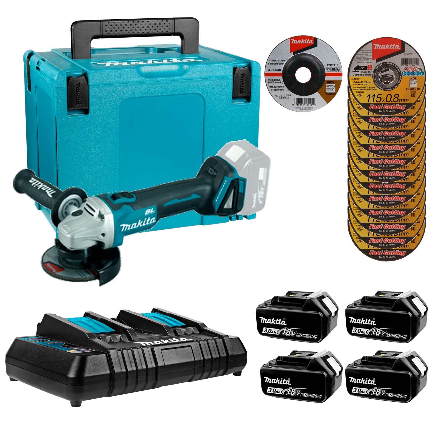 Pack Esmeril Inalámbrico 18V 4 1/2'' + 4 Bat. 3 Ah+Cargador Dob+Discos - Herram.cl