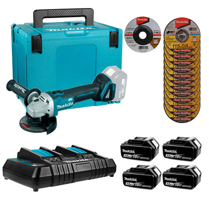 Pack Esmeril Inalámbrico 18V 4 1/2'' + 4 Bat. 3 Ah+Cargador Dob+Discos - Herram.cl