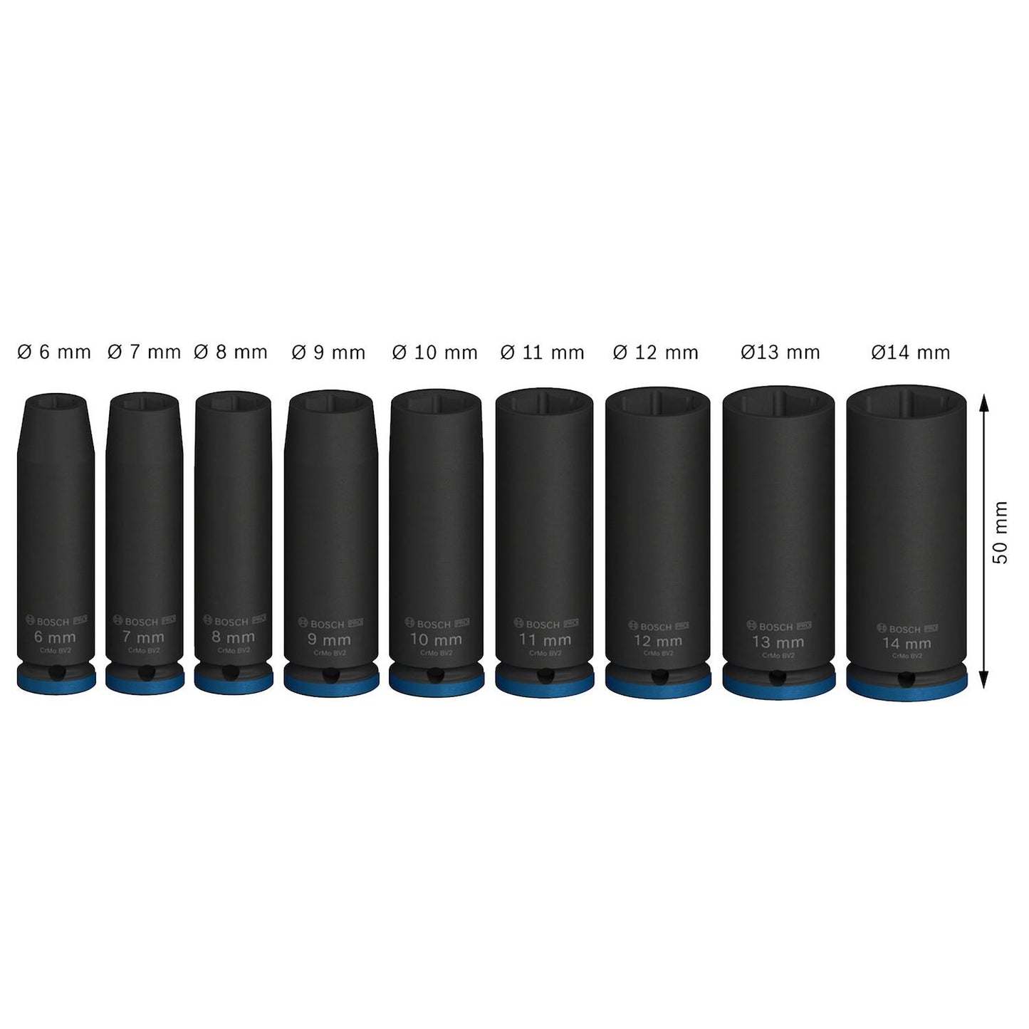 Juego de Dados Largos PRO Impact 1/4'' 9 Pzas - Bosch - Herram.cl