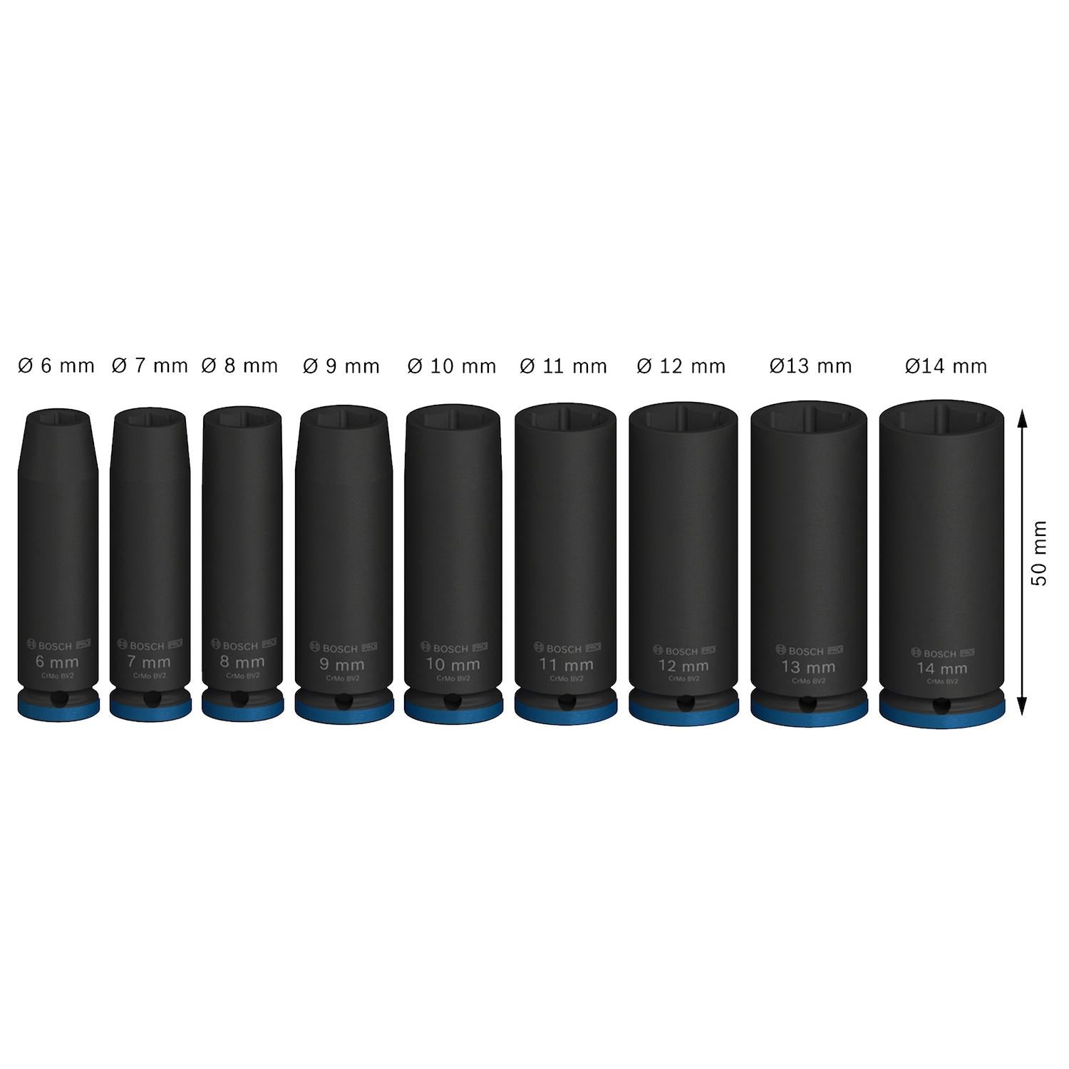 Juego de Dados Largos PRO Impact 1/4'' 9 Pzas - Bosch - Herram.cl