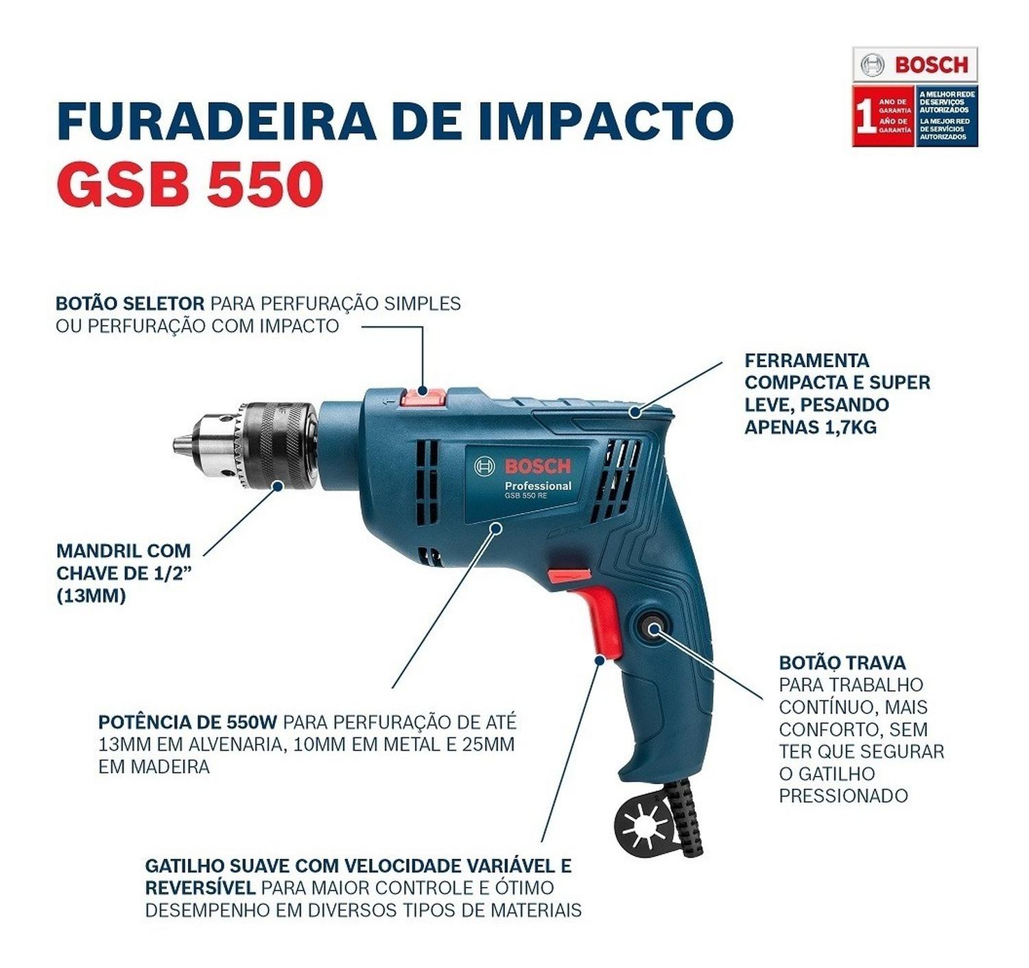 Taladro Percutor Bosch Gsb 550 Re 550W + 3 Brocas Concreto - Herram.cl