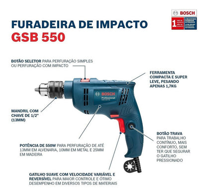 Taladro Percutor Bosch Gsb 550 Re 550W + 3 Brocas Concreto - Herram.cl