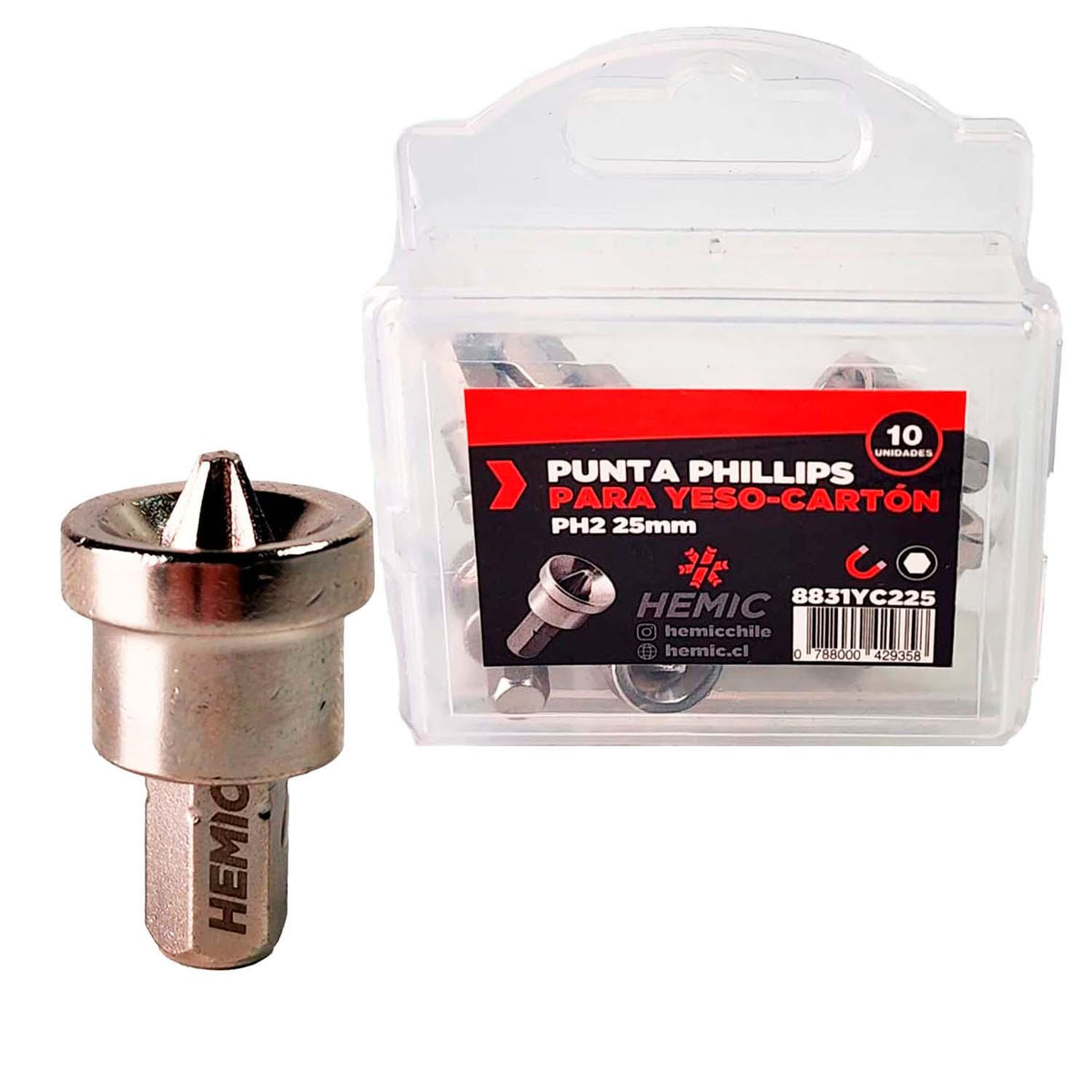 Pack 10 Puntas Phillips Drywall PH2x25mm - HEMIC - Herram.cl