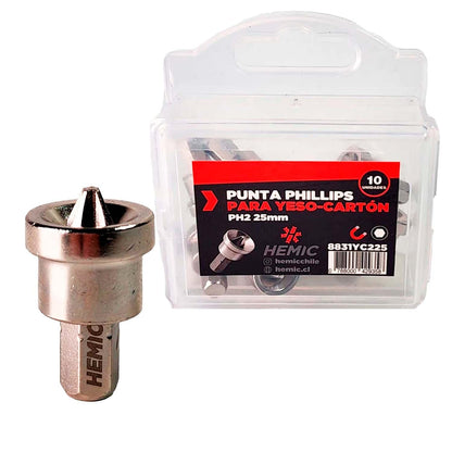 Pack 10 Puntas Phillips Drywall PH2x25mm - HEMIC - Herram.cl