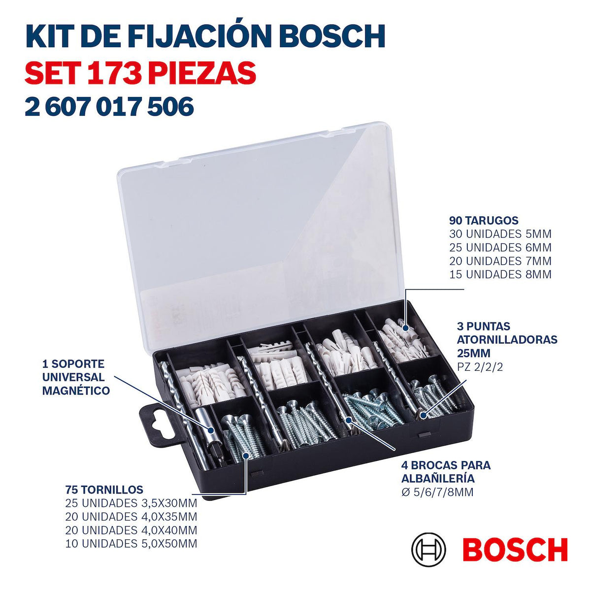 Set Fijación Bosch 173 Piezas Brocas Puntas y Tarugos - Herram.cl