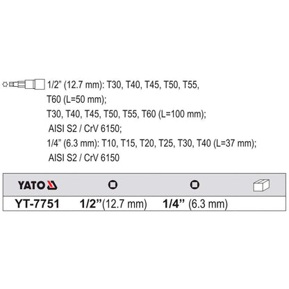 Juego Dados Con Punta Torx 1/4'' Y 1/2'' 18 Pzas - Yato - Herram.cl
