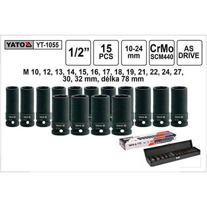 Juego de Dados de Impacto Largos 1/2'' 15 Pzas - Yato - Herram.cl