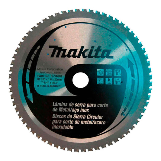 Disco de Sierra Para Acero Inox 7 1/4''x1.6x20mm 64D - Makita - Herram.cl