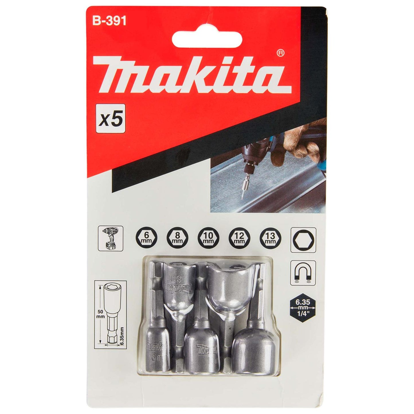 Juego Vasos Magnético 6, 8, 10, 12, 13x50mm 5 Pzas - Makita - Herram.cl