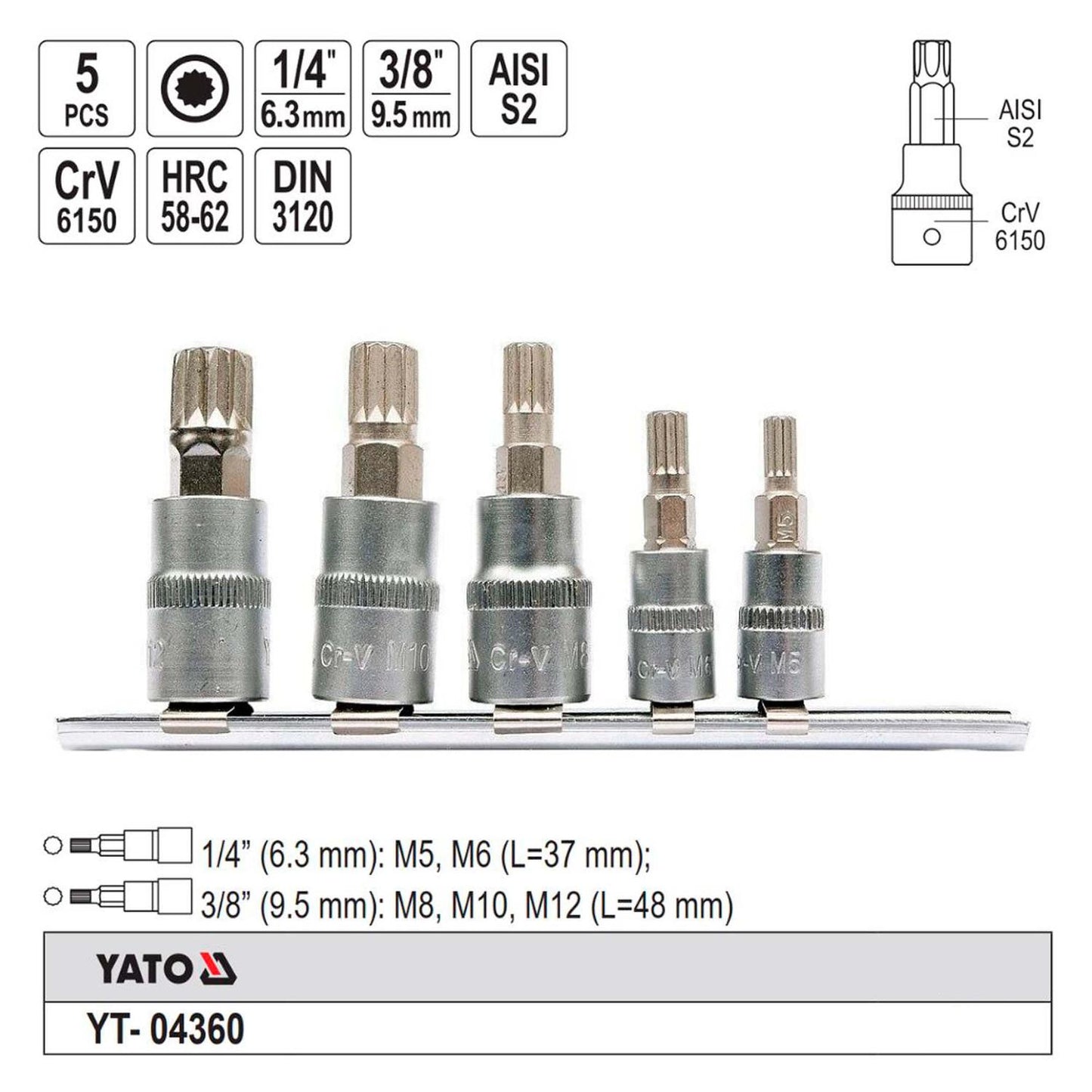 Juego Dados Con Punta Imbus Spline 1/4'' Y 3/8'' 5 Pzas - Yato - Herram.cl