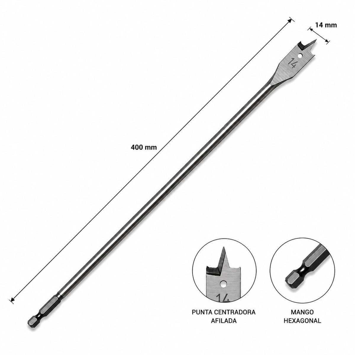 Broca paleta larga 3 puntas 14x400mm Toma Hex. 1/4'' - Bahco - Herram.cl