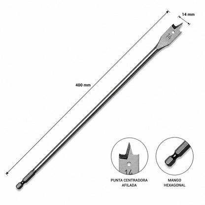 Broca paleta larga 3 puntas 14x400mm Toma Hex. 1/4'' - Bahco - Herram.cl