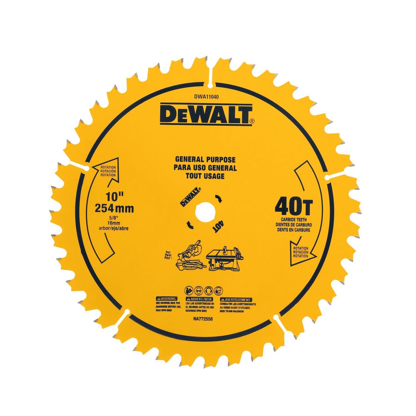 Disco De Sierra 10'' Eje 5/8'' 40 D (Uso General) - DeWalt - Herram.cl