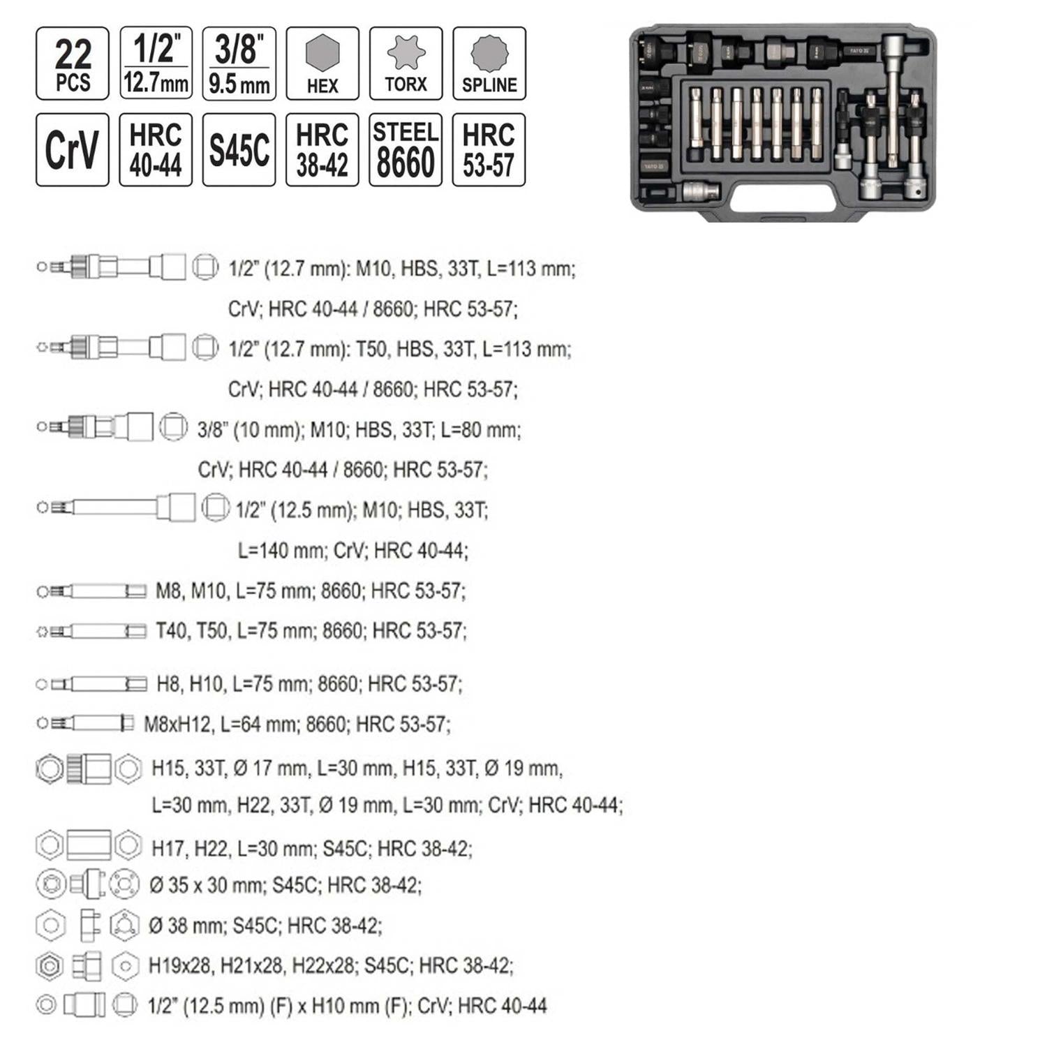 Juego De Llaves para Alternador 22 Pzas YT - 04211 - Yato - Herram.cl
