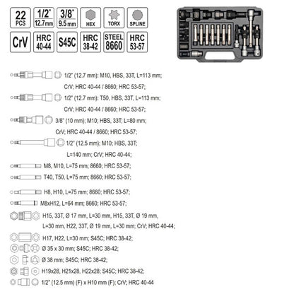 Juego De Llaves para Alternador 22 Pzas YT - 04211 - Yato - Herram.cl
