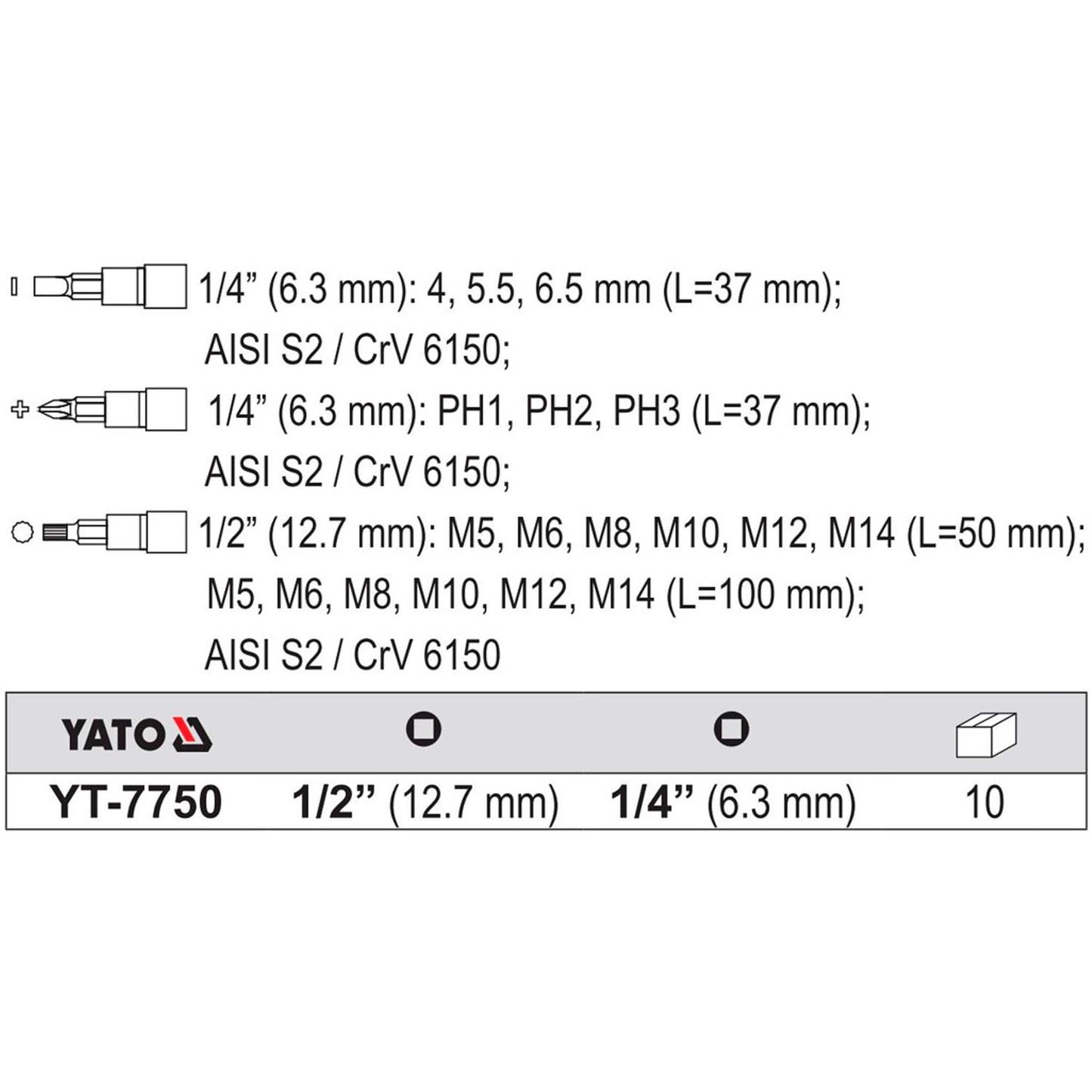 Juego Dados Imbus,Phillips, Planas 1/2'' 1/4'' 18 Pzas - Yato - Herram.cl