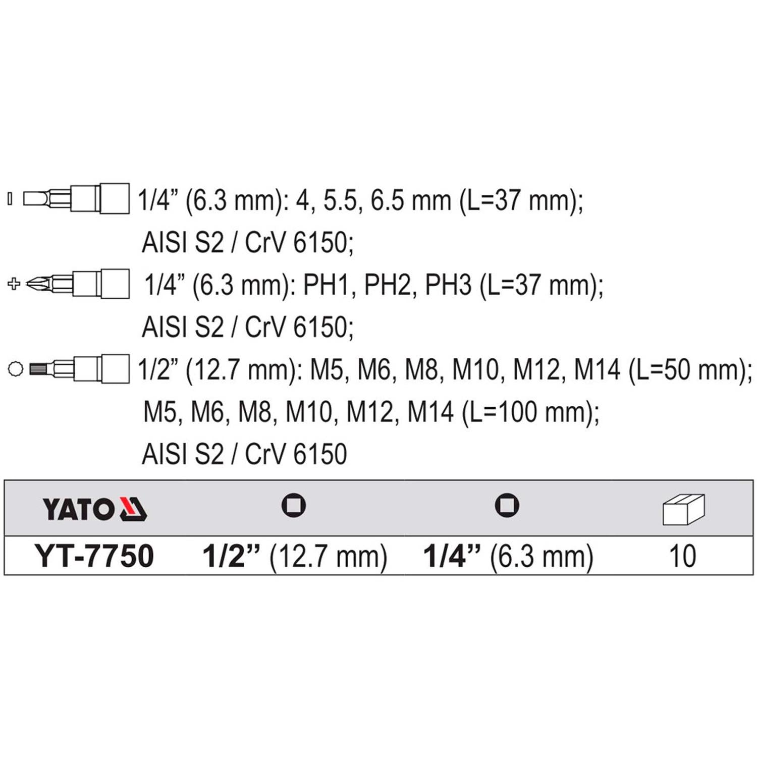Juego Dados Imbus,Phillips, Planas 1/2'' 1/4'' 18 Pzas - Yato - Herram.cl