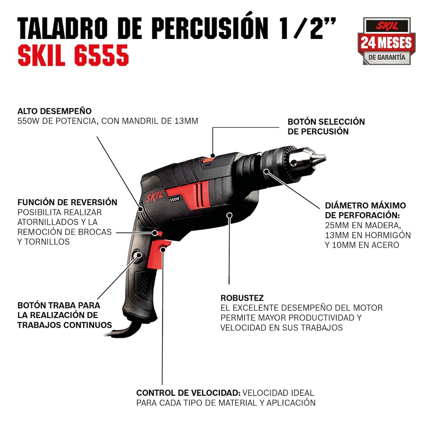 Taladro Percutor Skil 6555 Negro 570W + 14 Acc - Herram.cl