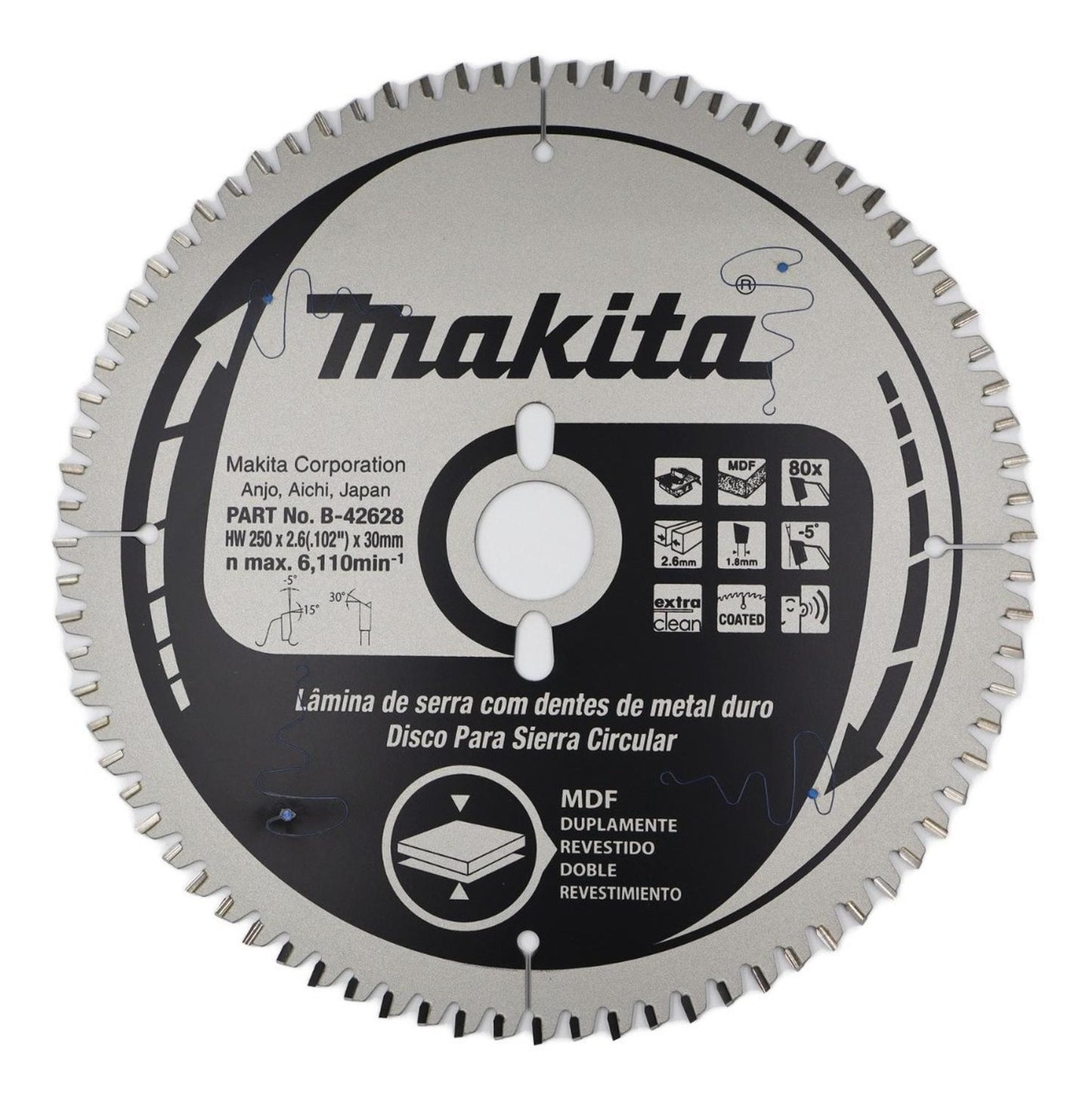 Disco Sierra Melamina TCT 250x30mm 80T Terminacion - Makita - Herram.cl