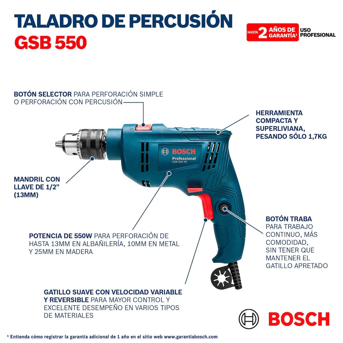 Taladro Percutor Bosch GSB 550 RE 550W 220V - Herram.cl
