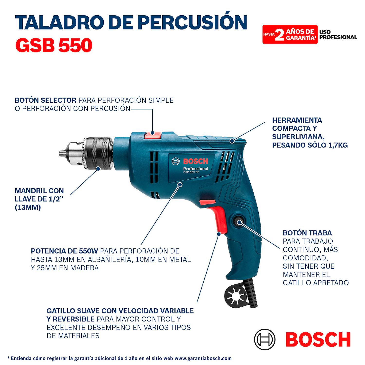 Taladro Percutor Bosch GSB 550 RE 550W 220V - Herram.cl