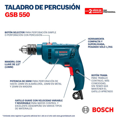 Taladro Percutor Bosch GSB 550 RE 550W 220V - Herram.cl