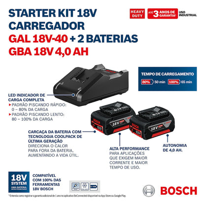 Kit Bosch 2 Baterías 18V 4,0 Ah + Cargador GAL 18V - 40 Bivolt - Herram.cl