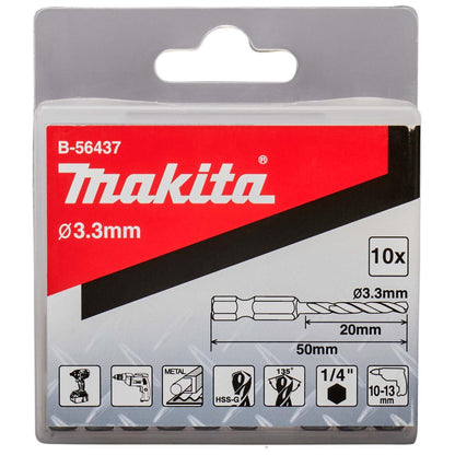 Brocas Para Metal HSS - G 3.3mm Hex 1/4'' / 10 Pzas - Makita - Herram.cl