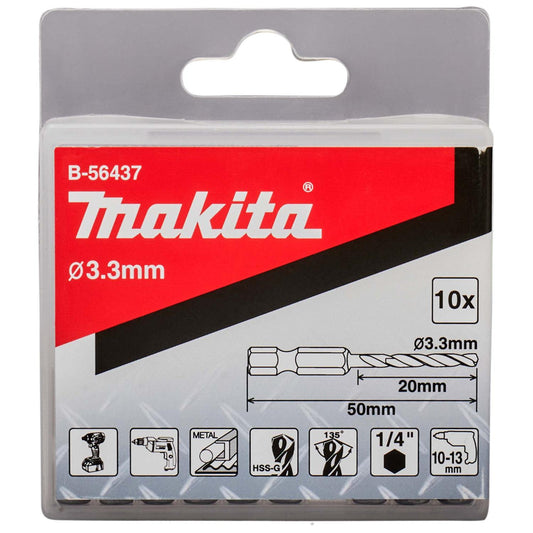 Brocas Para Metal HSS - G 3.3mm Hex 1/4'' / 10 Pzas - Makita - Herram.cl