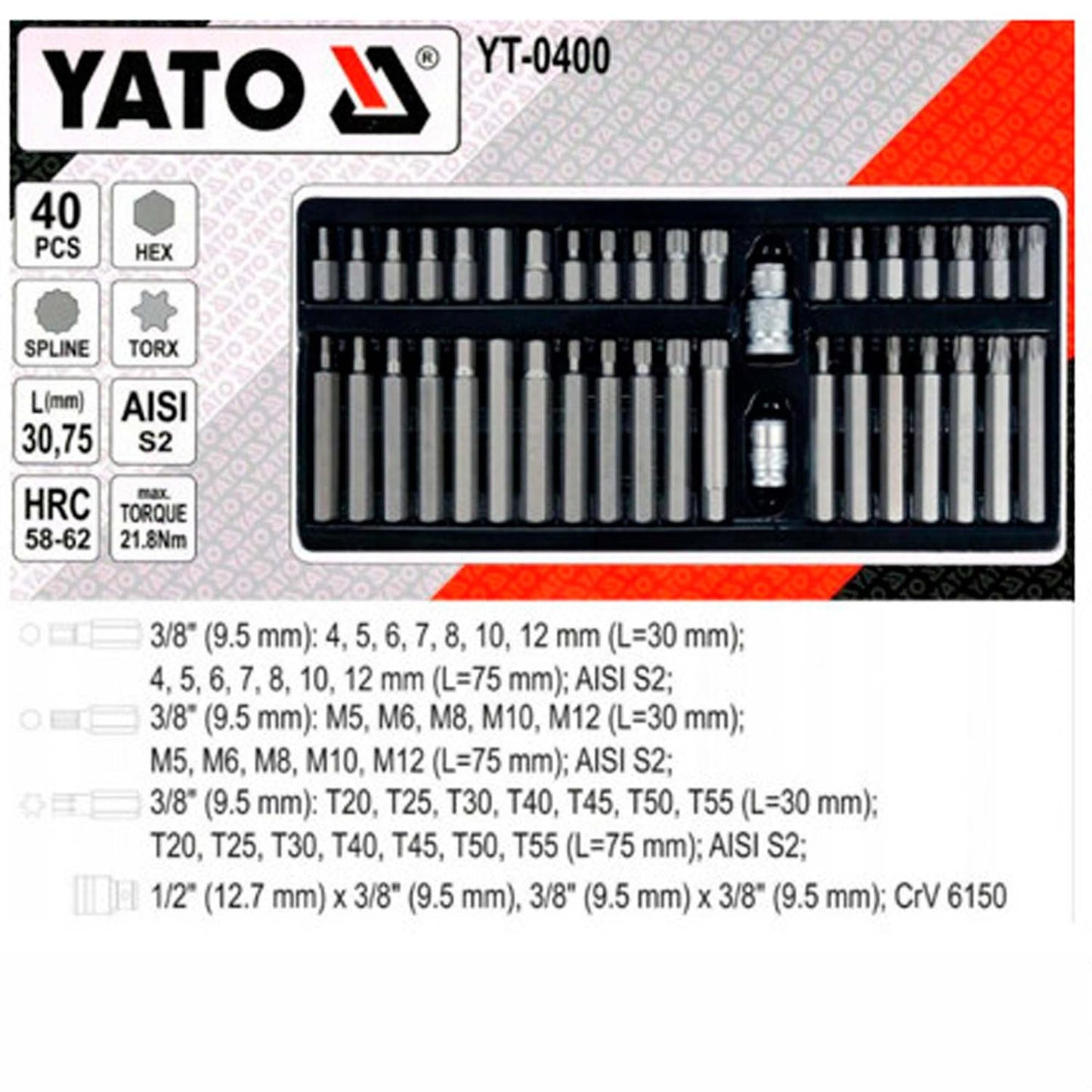 Juego de Puntas Torx, Hexagonal, Imbus 40 Pzas - Yato - Herram.cl