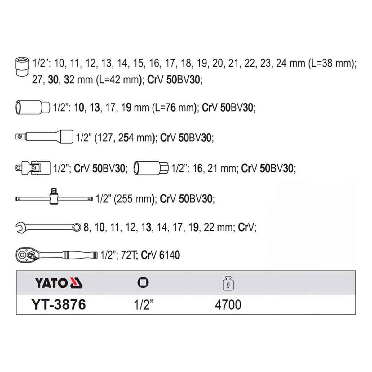 Juego de Dados y Herramientas 1/2'' 38 Pzas - Yato - Herram.cl