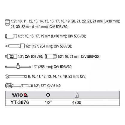 Juego de Dados y Herramientas 1/2'' 38 Pzas - Yato - Herram.cl