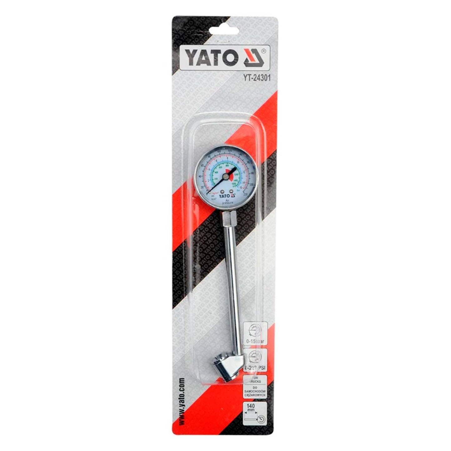 Manómetro de presión de neumáticos 0 - 220 PSI - Yato - Herram.cl