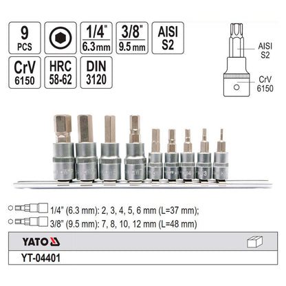Juego de dados con punta Hexagonal 1/4'' y 3/8'' 9 Pzas - Yato - Herram.cl
