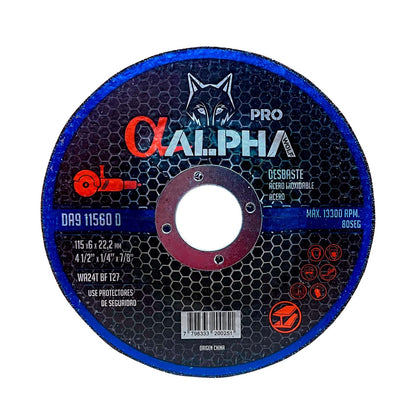Pack 5 Discos de Desbaste Inox/Metal 4 - 1/2''x6mm - Alpha Pro - Herram.cl