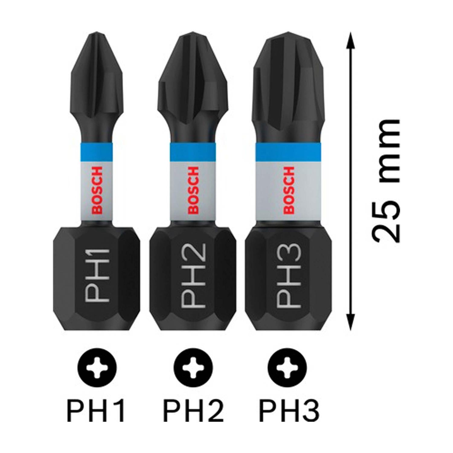 Juego Puntas PRO Impact PH(1, 2, 3)x25mm 3 Pzas - Bosch - Herram.cl